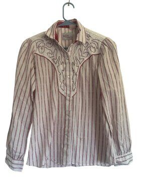 Kenny Rogers Western Striped Embroidered Button-Up Shirt Small Women Snap Button